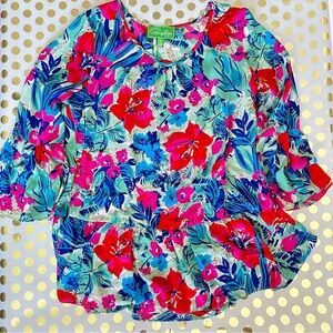 Pappagallo Red and Blue Ruffled 3/4 Sleeve Blouse